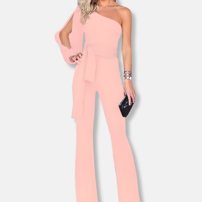 Women’s Elegant Overall - One Shoulder - Slim Fit - Belted Waist - Flared Leg