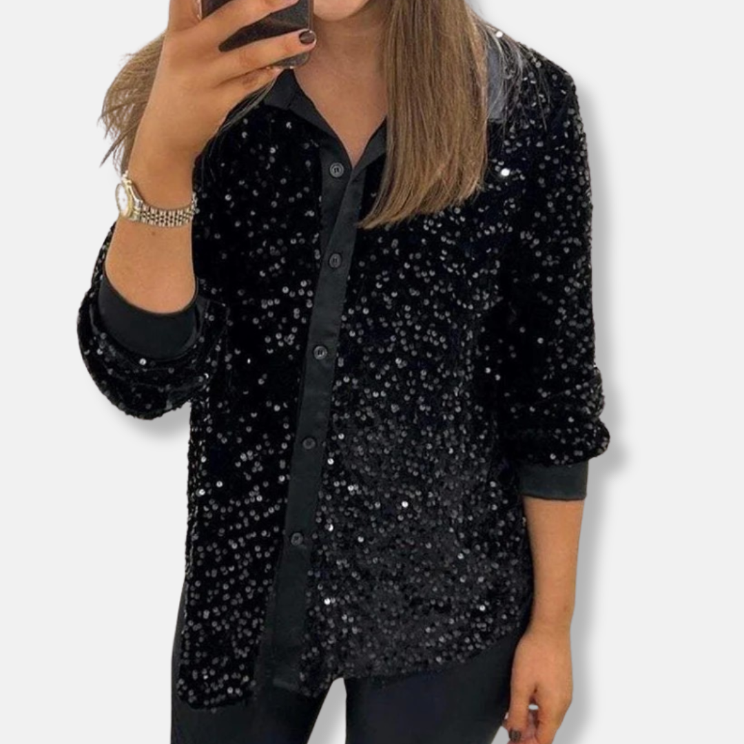 Women’s Sequin Shirt – Relaxed Fit – Button-Up – Long Sleeve Party Wear