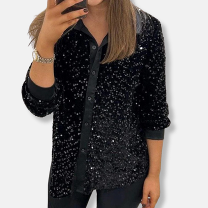 Women’s Sequin Shirt – Relaxed Fit – Button-Up – Long Sleeve Party Wear