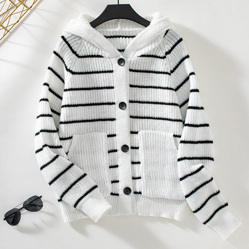 Ribbed Knit Striped Hooded Cardigan Sweater 