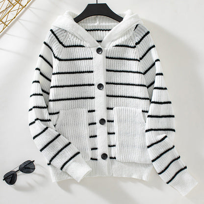Women’s Cardigan Sweater – Knit Ribbed – Relaxed Fit – Hooded – Button Front Striped