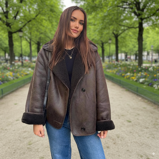 Shearling Lined Faux Leather Loose Fit Jacket 
