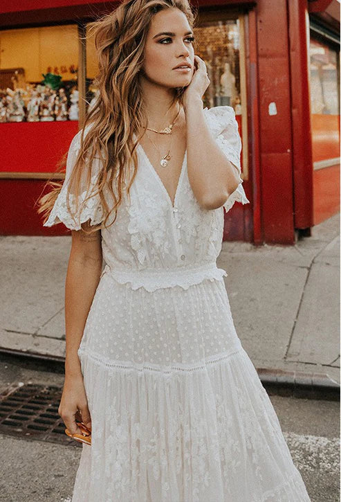 Lace Flowy Fit V-Neck Flutter Sleeve Dress