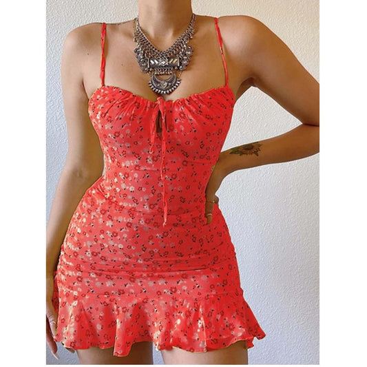 Women's Mini Dress - Floral Print - Spaghetti Straps - Ruched Tie Front - Ruffle Hem