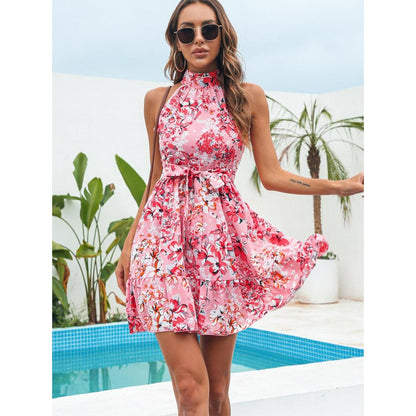 Women's Halter Neck Dress - Floral Print - A-Line Fit - Sleeveless Mini Dress