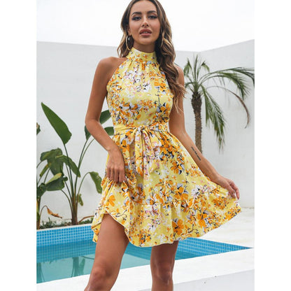 Women's Halter Neck Dress - Floral Print - A-Line Fit - Sleeveless Mini Dress