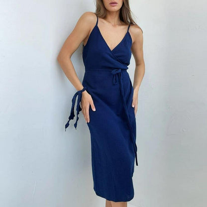 Women's Wrap Dress - Sleeveless V-Neck - Adjustable Tie Waist - Lightweight Fabric
