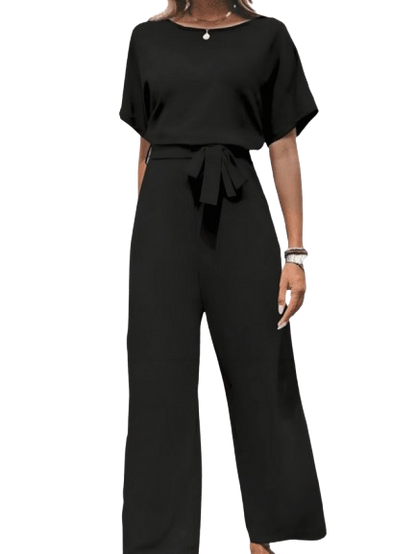 Women's Jumpsuit - Bateau Neck - Short Loose Sleeves - Wide-Leg - Belted Waist