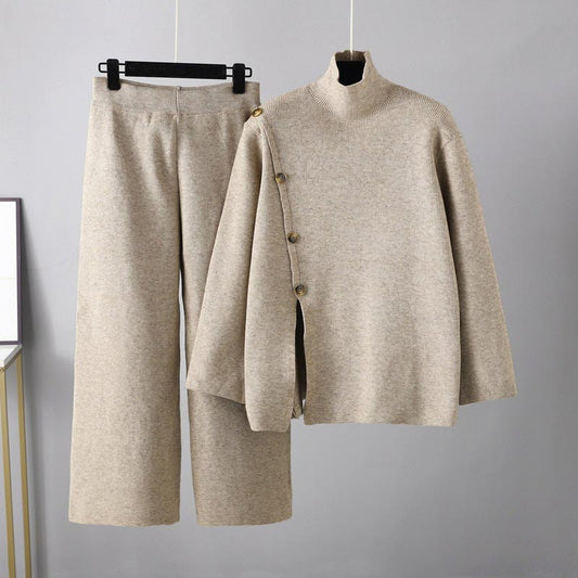 Slit Knitted Turtleneck Wide-Leg Pants Set
