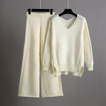 Women's V-neck knit sweater and wide-leg pants set