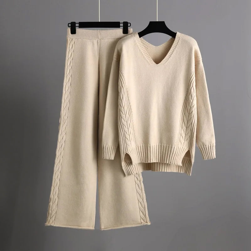 Women's V-neck knit sweater and wide-leg pants set