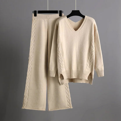 Women's V-neck knit sweater and wide-leg pants set