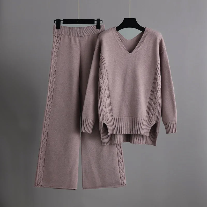 Women's V-neck knit sweater and wide-leg pants set