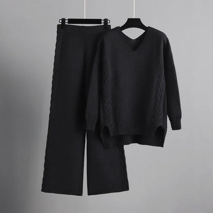 Women's V-neck knit sweater and wide-leg pants set