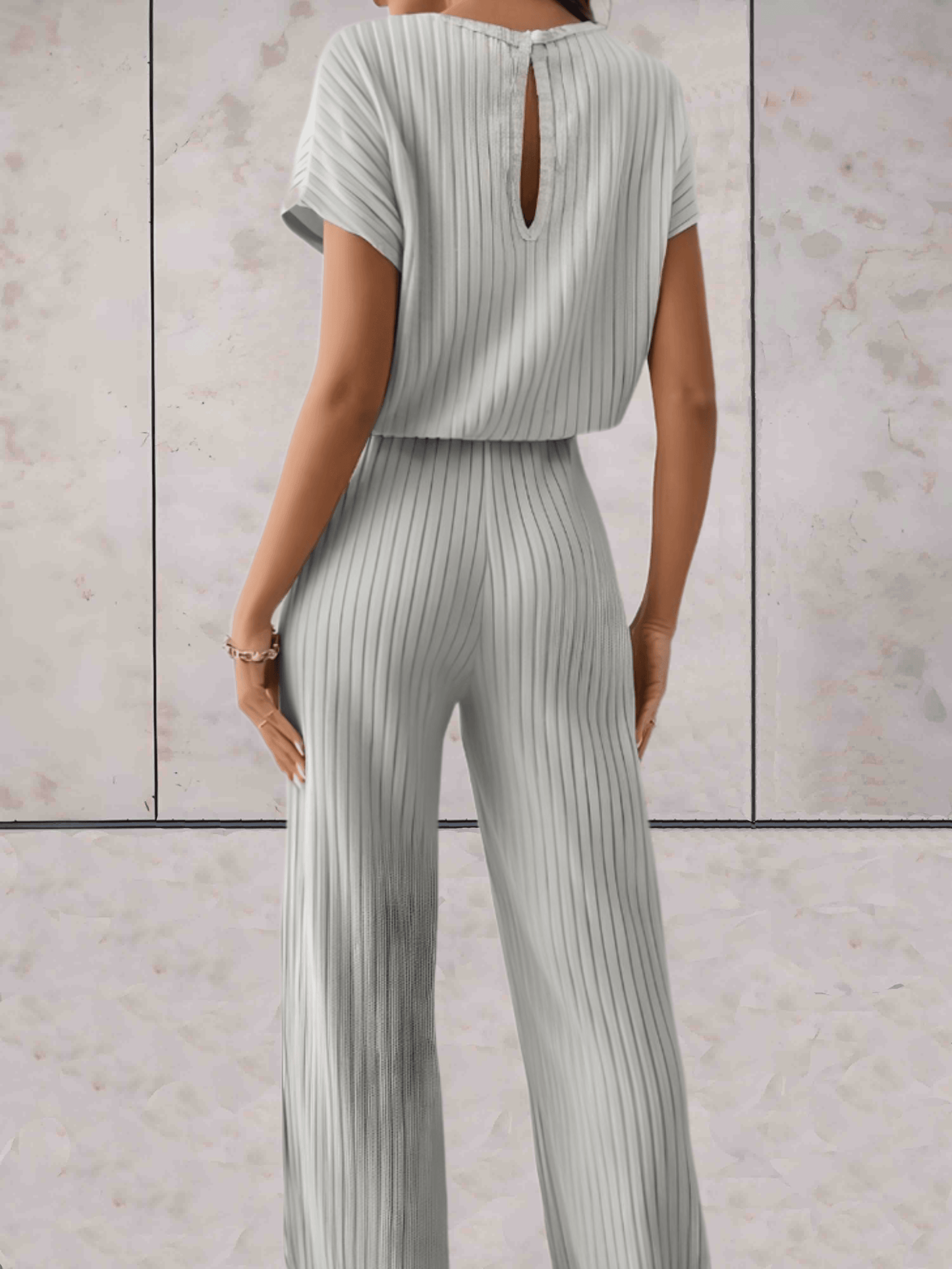 Women's Knitted Two-Piece Set - Ribbed Texture - Short Sleeve Top & Wide-Leg Pants