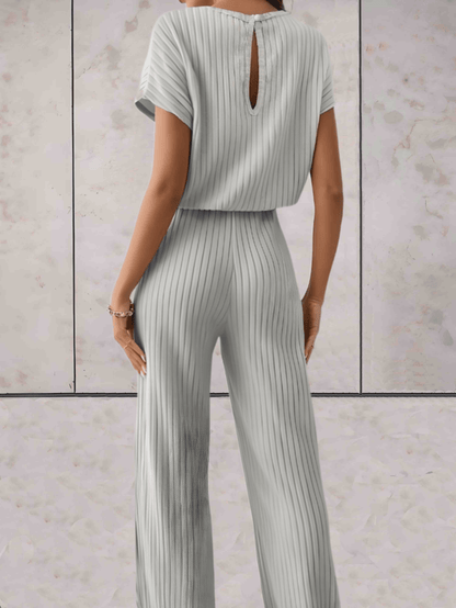 Women's Knitted Two-Piece Set - Ribbed Texture - Short Sleeve Top & Wide-Leg Pants