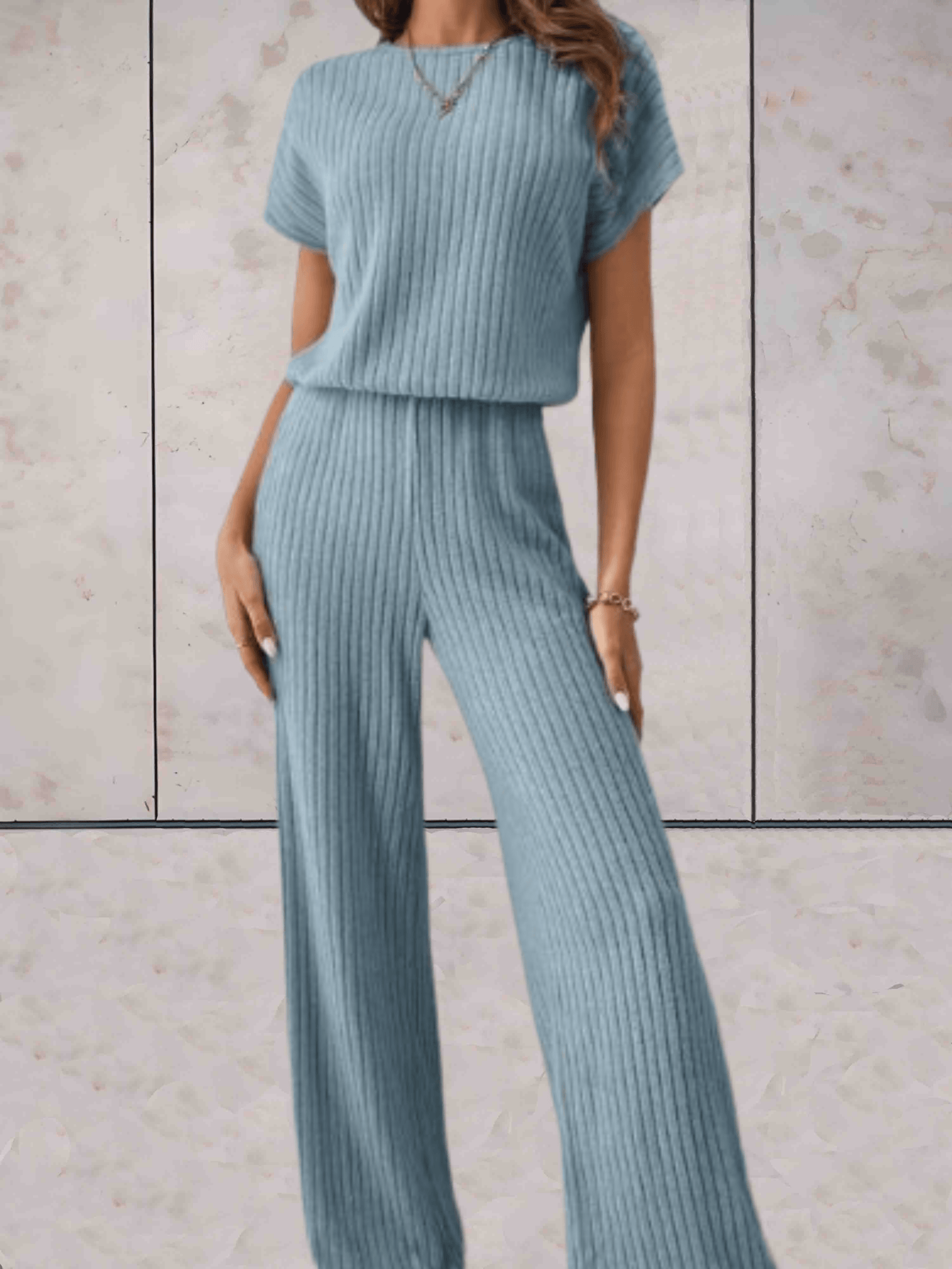 Women's Knitted Two-Piece Set - Ribbed Texture - Short Sleeve Top & Wide-Leg Pants
