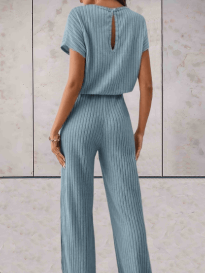 Women's Knitted Two-Piece Set - Ribbed Texture - Short Sleeve Top & Wide-Leg Pants