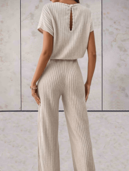 Women's Knitted Two-Piece Set - Ribbed Texture - Short Sleeve Top & Wide-Leg Pants