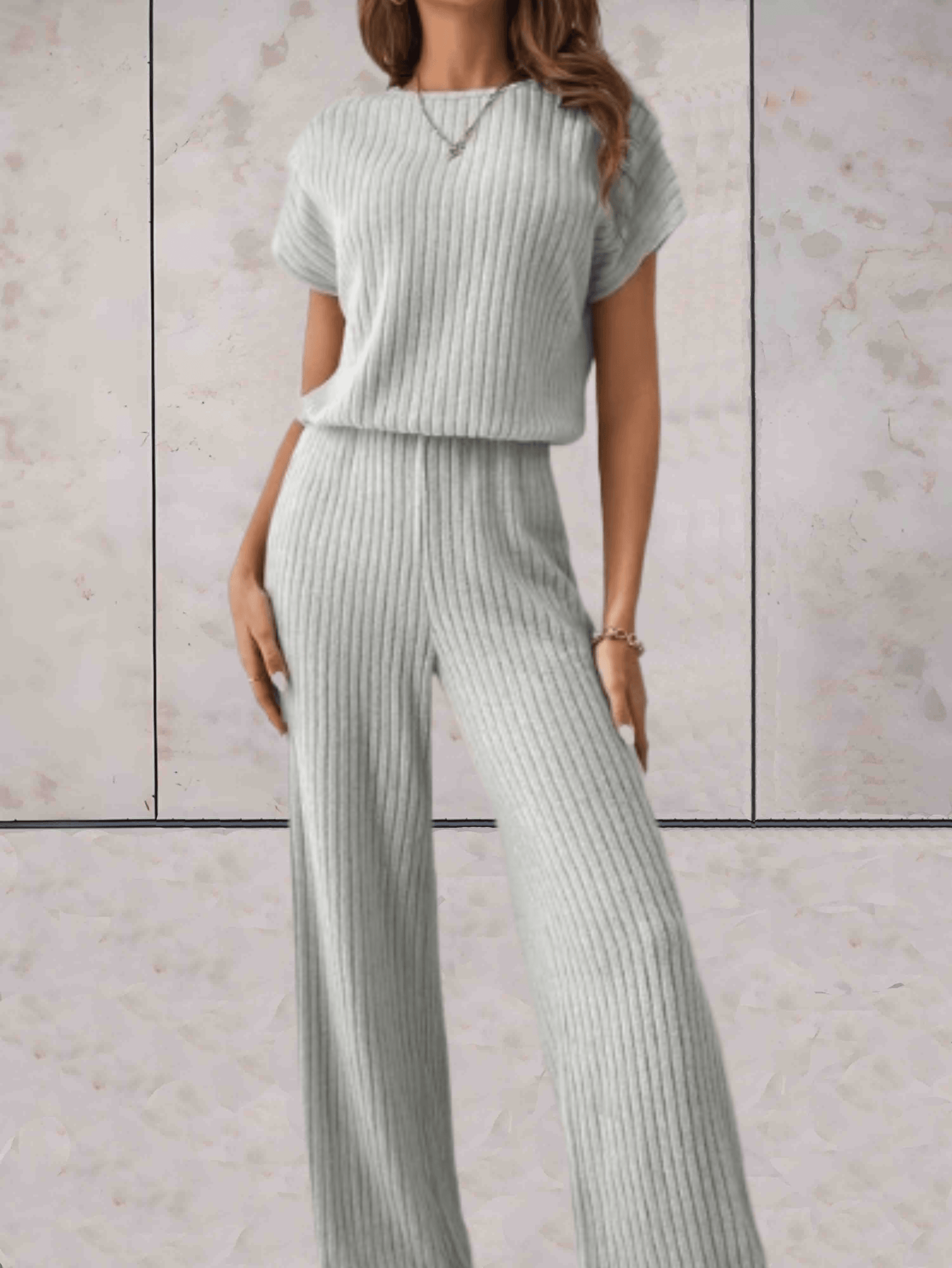 Women's Knitted Two-Piece Set - Ribbed Texture - Short Sleeve Top & Wide-Leg Pants
