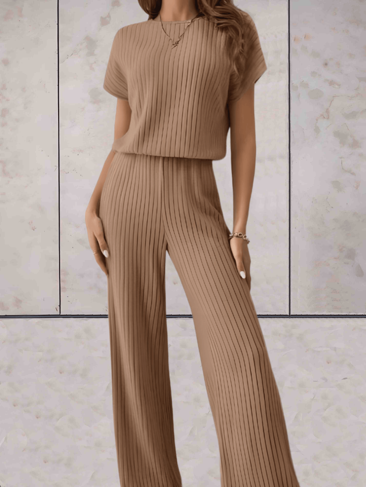 Women's Knitted Two-Piece Set - Ribbed Texture - Short Sleeve Top & Wide-Leg Pants