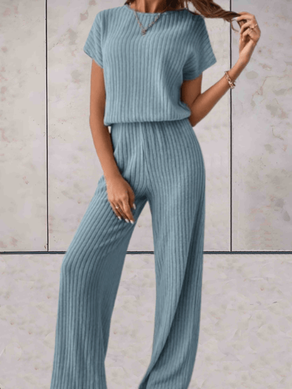 Women's Knitted Two-Piece Set - Ribbed Texture - Short Sleeve Top & Wide-Leg Pants