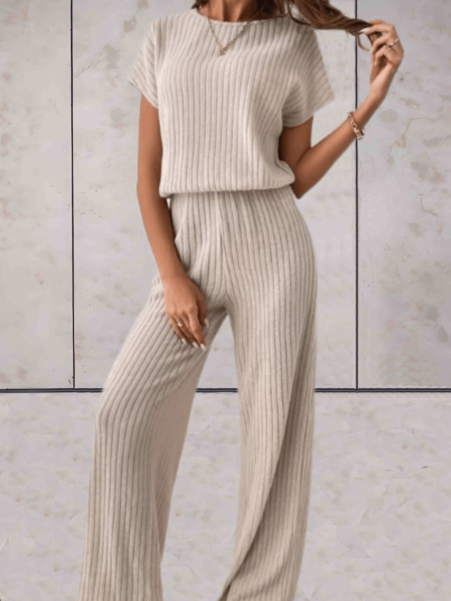 Women's Knitted Two-Piece Set - Ribbed Texture - Short Sleeve Top & Wide-Leg Pants