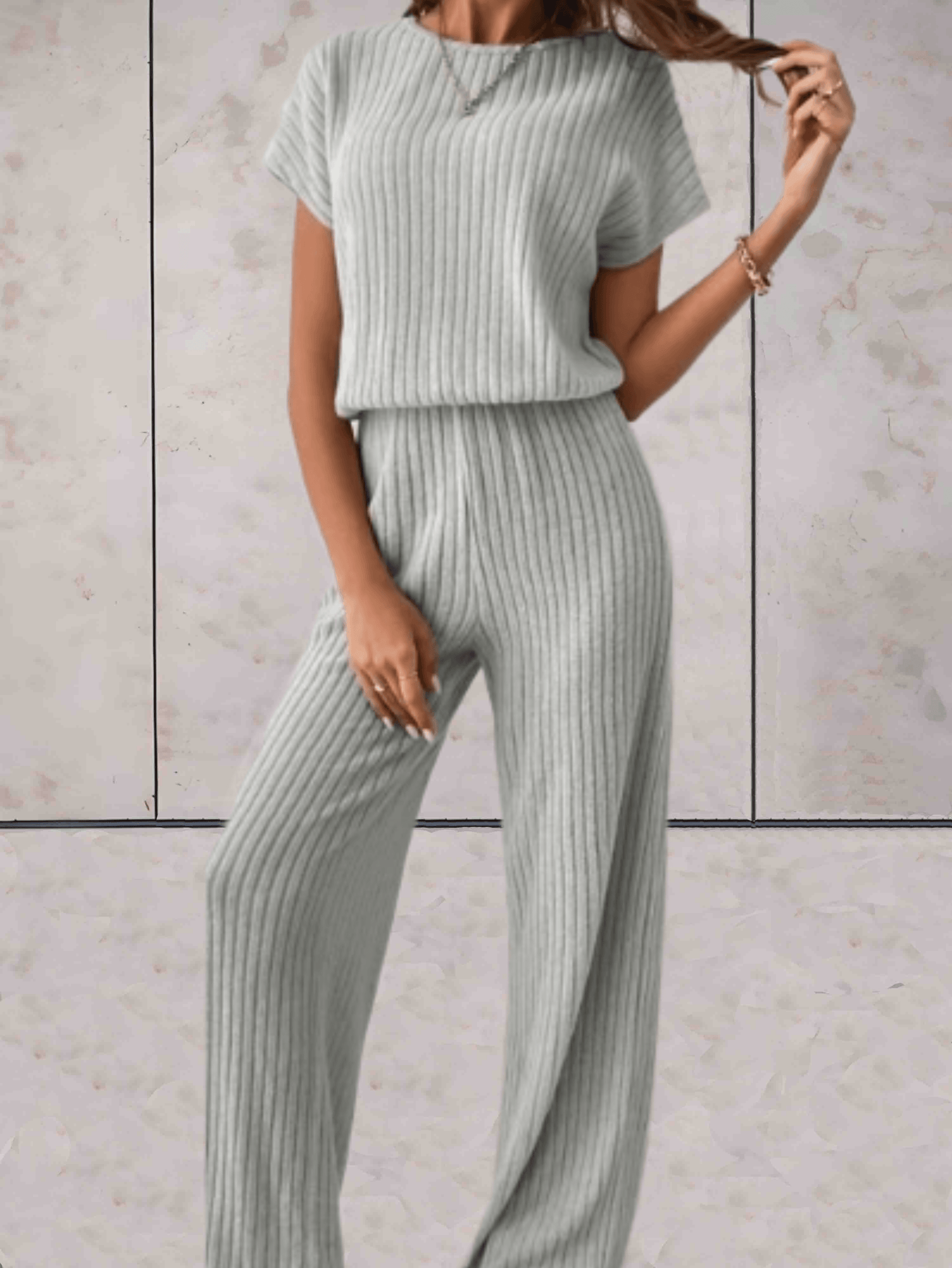 Women's Knitted Two-Piece Set - Ribbed Texture - Short Sleeve Top & Wide-Leg Pants