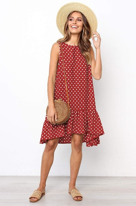 Women's Polka Dot Dress - Sleeveless A-Line - Ruffled Hem - Casual Loose Fit