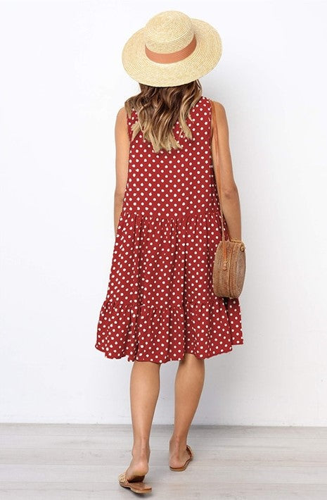 Women's Polka Dot Dress - Sleeveless A-Line - Ruffled Hem - Casual Loose Fit