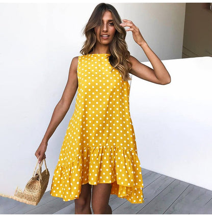 Women's Polka Dot Dress - Sleeveless A-Line - Ruffled Hem - Casual Loose Fit