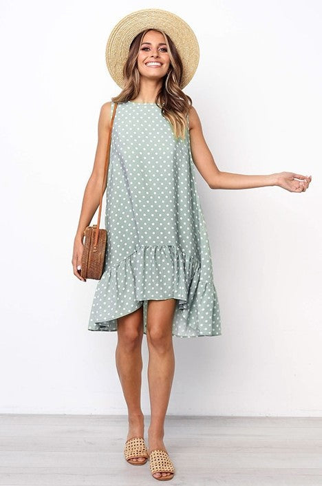 Women's Polka Dot Dress - Sleeveless A-Line - Ruffled Hem - Casual Loose Fit