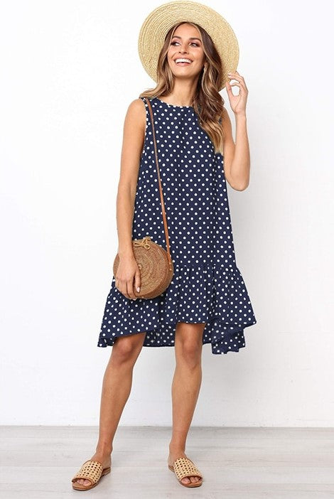 Women's Polka Dot Dress - Sleeveless A-Line - Ruffled Hem - Casual Loose Fit