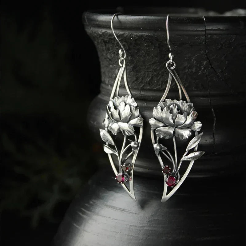 Women's Earrings - Sterling Silver Floral Design - Gemstone Accents - Elegant Drop Style