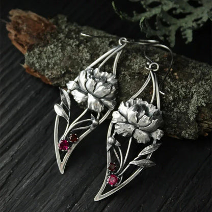 Women's Earrings - Sterling Silver Floral Design - Gemstone Accents - Elegant Drop Style