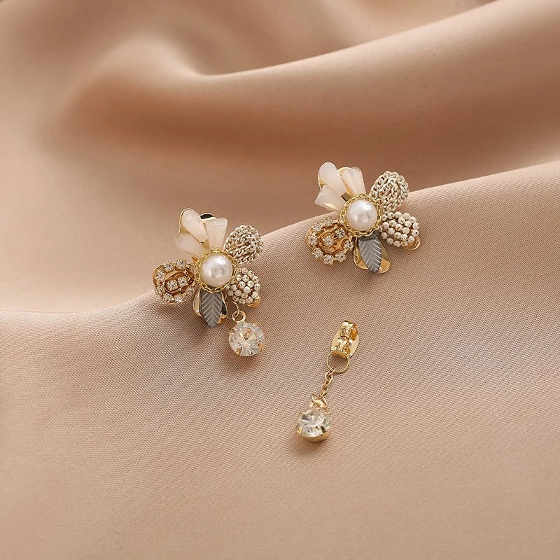 Crystal pearl flower drop earrings