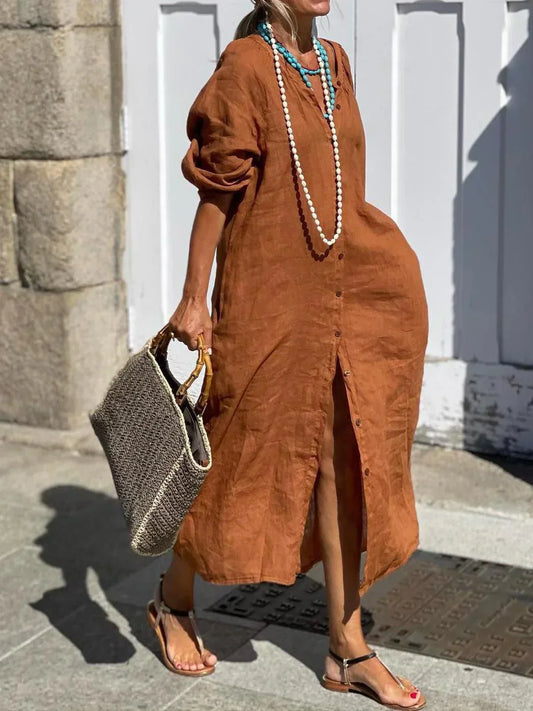Linen Button-Down Loose Fit Maxi Dress