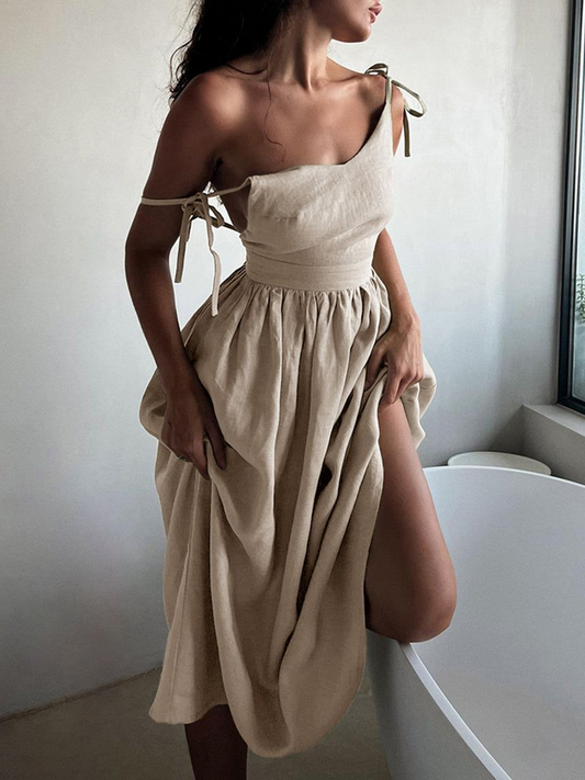 Linen Blend One-Shoulder Midi Dress