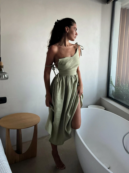 Women's One-Shoulder Dress - Adjustable Tie Straps - Linen Blend - Midi Length Elegant Fit