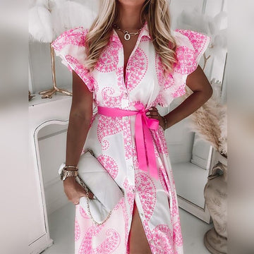 Women's Maxi Dress - Button Down - Belted Waist - Ruffled Sleeves - Elegant Slit