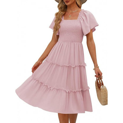 Women's Midi Dress - Square Neck - Smocked Bodice - Tiered Flowy Short Sleeve