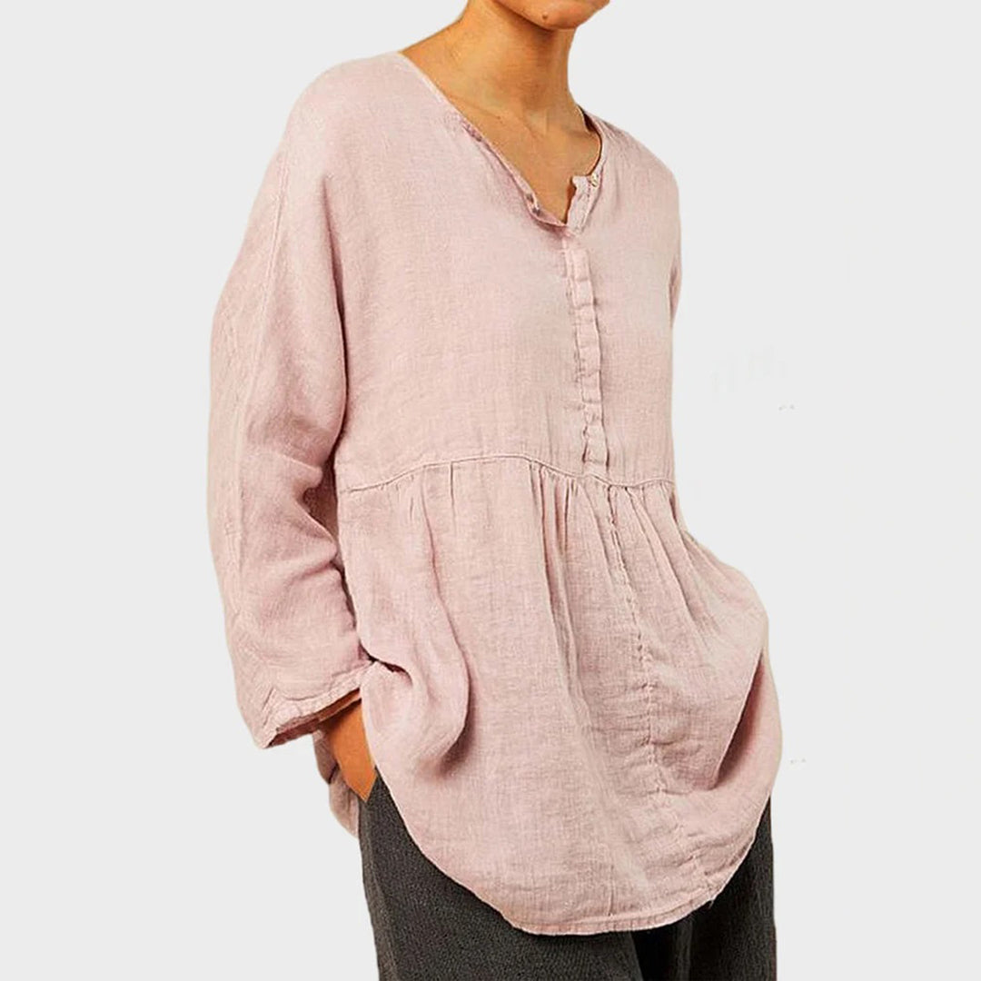 Women's Linen Tunic Top - Loose Fit V-Neck - Long Sleeve Lightweight Casual Wear
