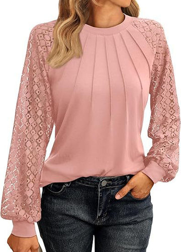 Women's Blouse - Long Lace Sleeves - Round Neck - Pleated Front - Relaxed Fit