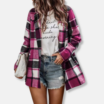 Women’s Cardigan Coat – Oversized Fit – Wool Feel – Plaid Print – Open Front – Long Sleeve