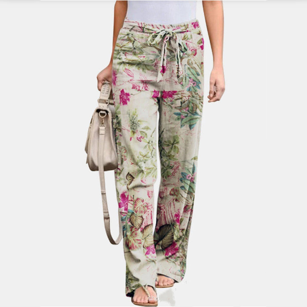 Women's Casual Pants - Floral Print - Relaxed Fit - Drawstring Waist - Lightweight