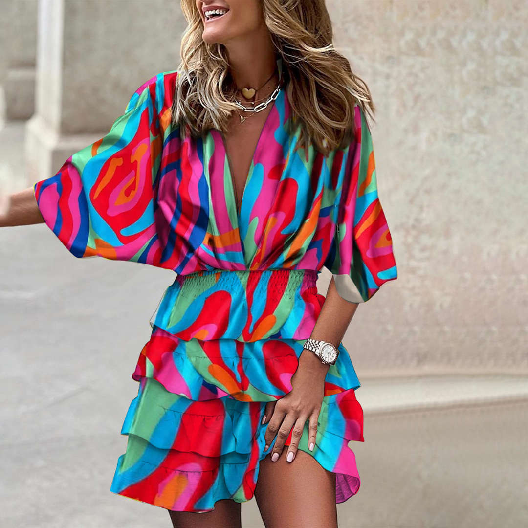 Women's Mini Dress - Tropical Leaf Print - Deep V-Neck - Cinched Waist - Ruffled Hem