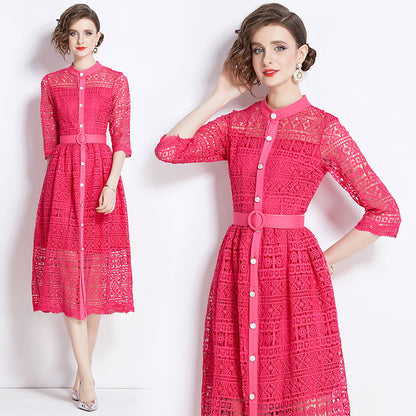 Women's Lace Shirt Dress - Button Down - Three-Quarter Sleeve - Belted Waist