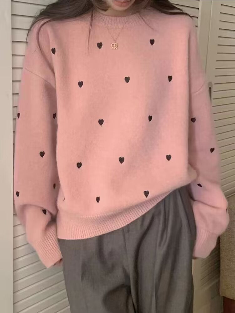 Three dimensional heart oversized knit sweater for women