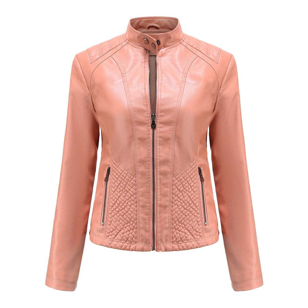Women's casual leather stand collar jacket