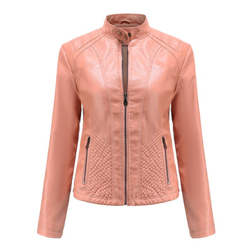 Women's casual leather stand collar jacket